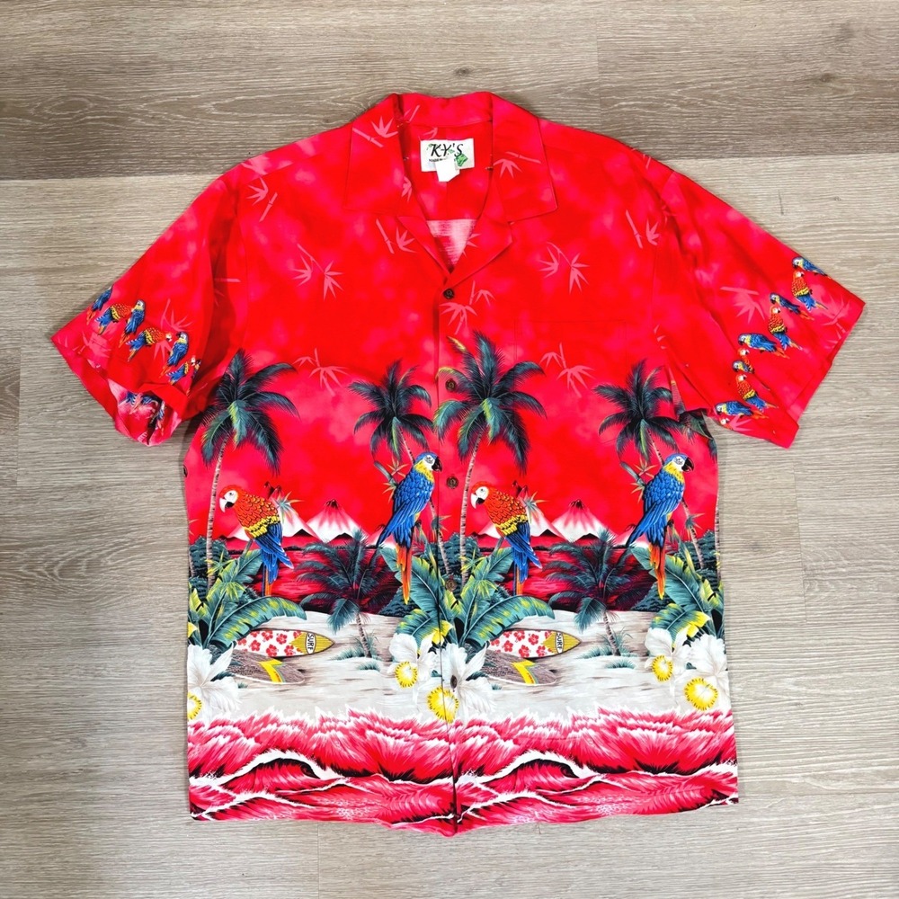 Vtg KY'S Hawaii Shirt Mens XL Red Parrot Surf Tropical Allover Print Cotton USA